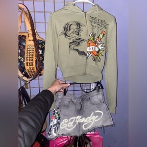 Ed Hardy Olive Hoodie and Gray Denim Shorts